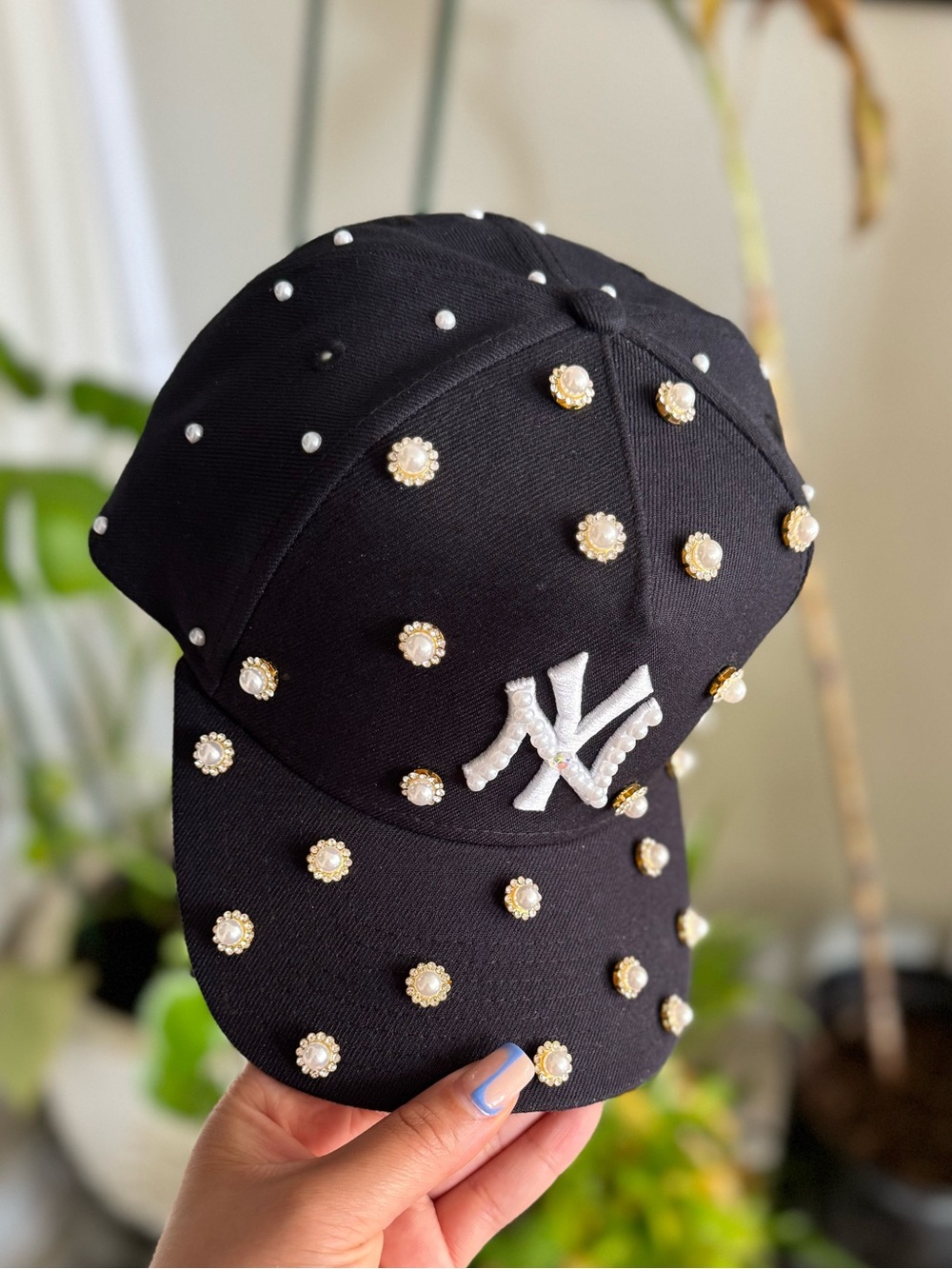 New Era Navy Blue Cap with Gold Pearl Studs and White NY Logo(Snap Back)
